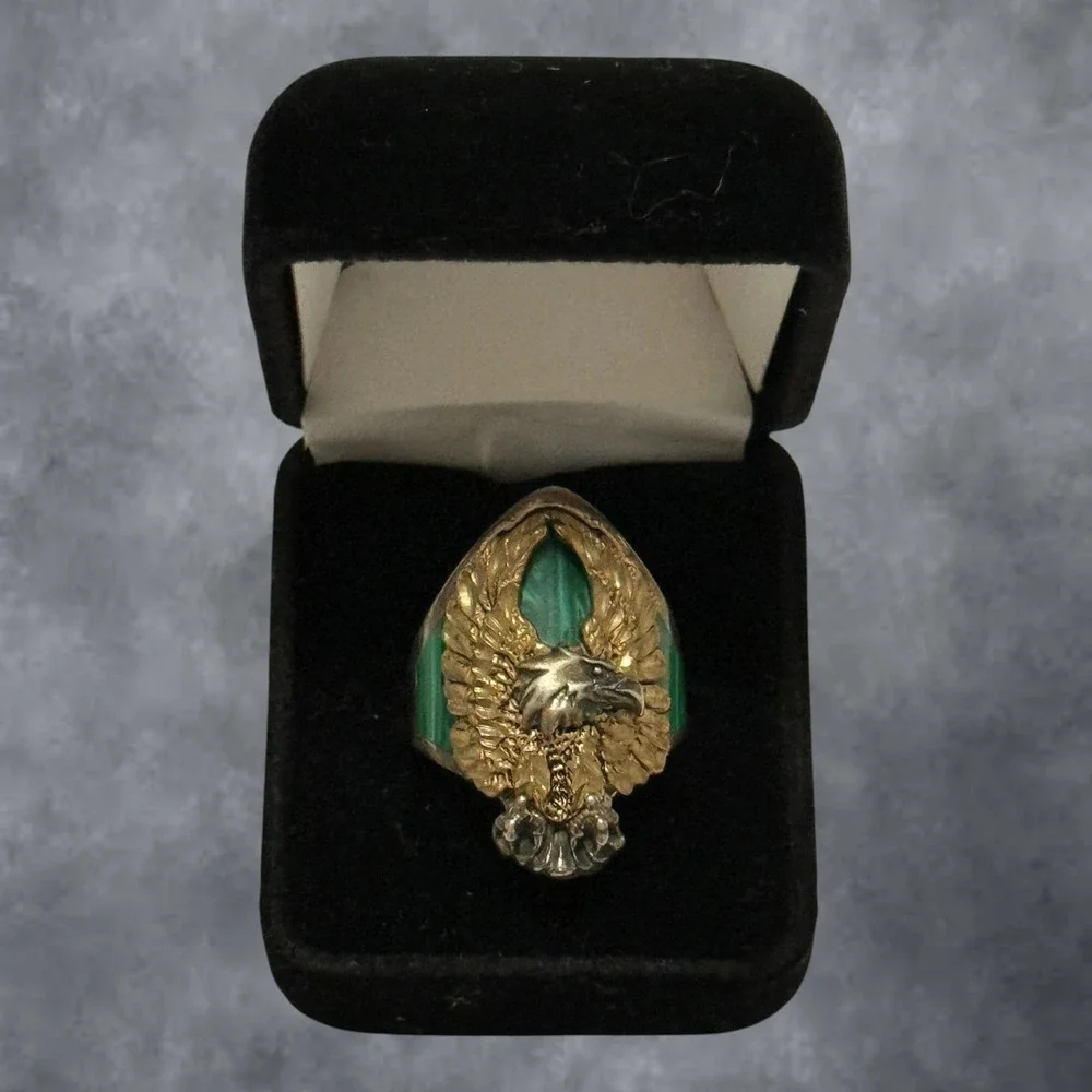 Vintage Mens Eagle Statement Ring Gold Silver Tone Malachite Green Size 10-11